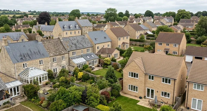 Illustrative inland residential rooflines with older pale stone homes, later brick houses and mature gardens