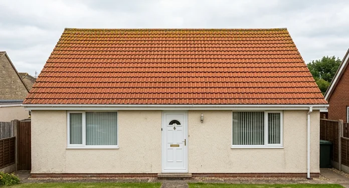 Illustrative cream roughcast bungalow with moss on orange tiles and a white front door