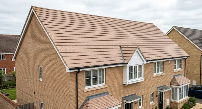 Different illustrative light brown brick home with a white bay window and faded tan-pink mineral tiles