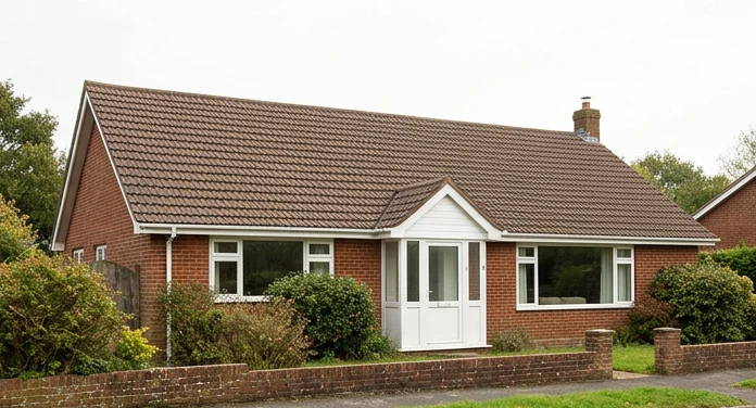 The same illustrative red brick bungalow after moss removal with its original brown tile colour retained