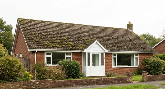 Illustrative red brick bungalow with moss across its brown roof tiles
