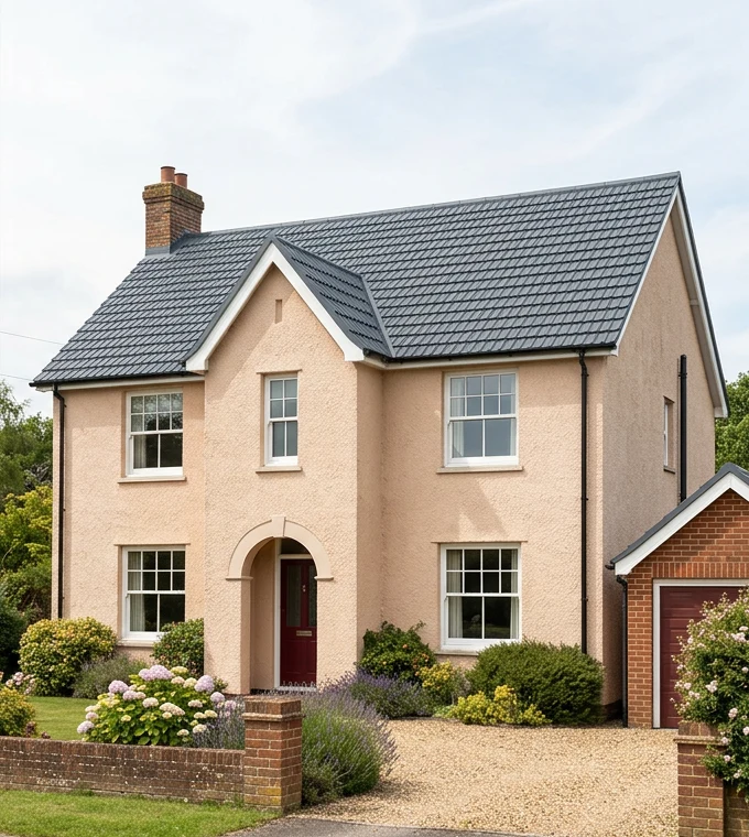 The same illustrative peach rendered house with a refreshed slate grey roof colour