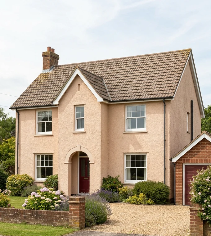Illustrative peach rendered house with faded brown mineral roof tiles