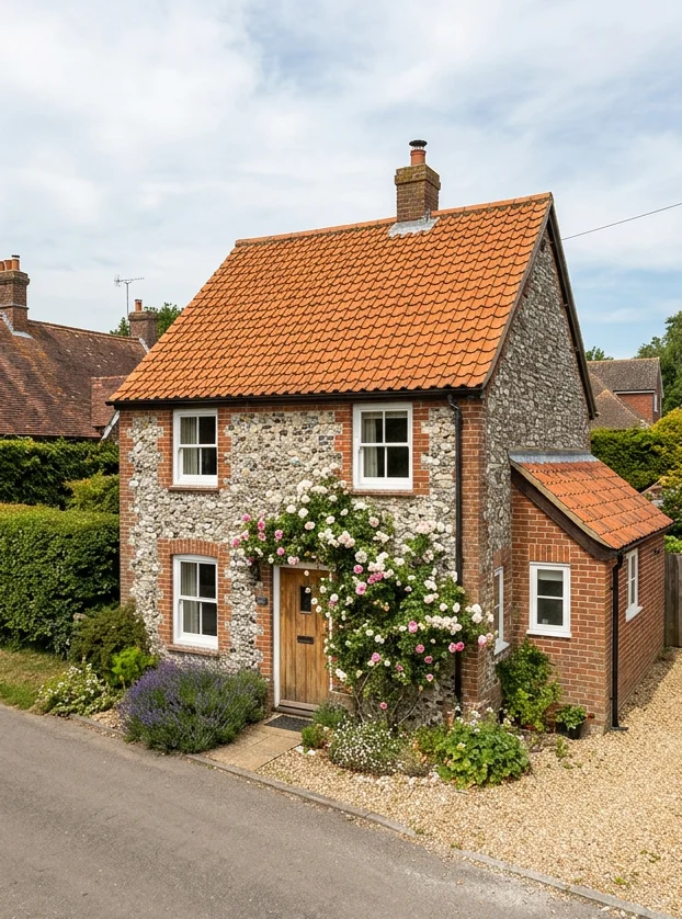 Illustrative flint and brick cottage with a cleaned natural orange clay tiled roof