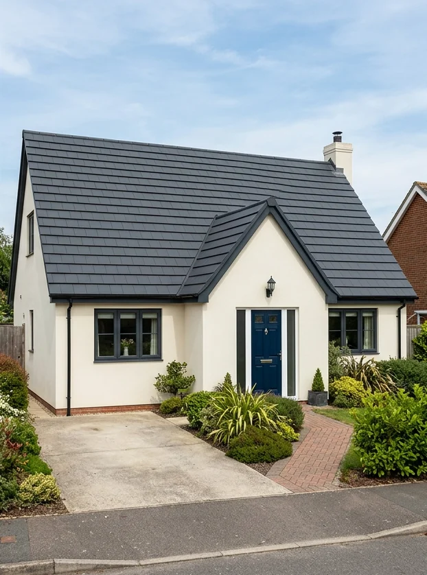 Different illustrative ivory rendered home with a dark charcoal colour-coated roof