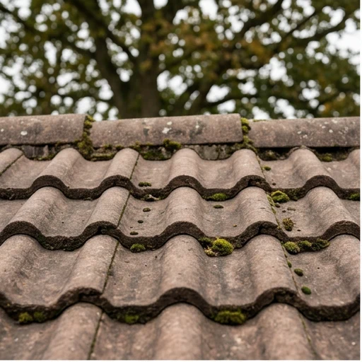 Illustrative close detail of moss growing between weathered roof tiles