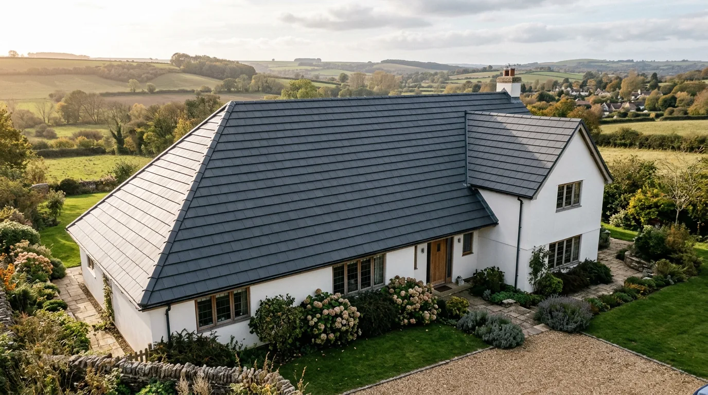 Illustrative anthracite tiled roof on a white-rendered British house