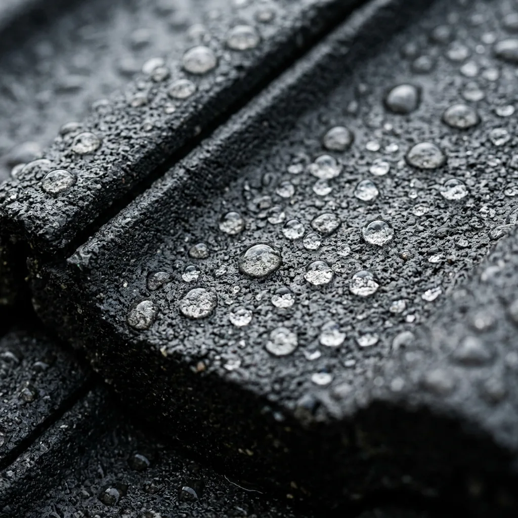 Illustrative water droplets beading on a dark roof tile surface