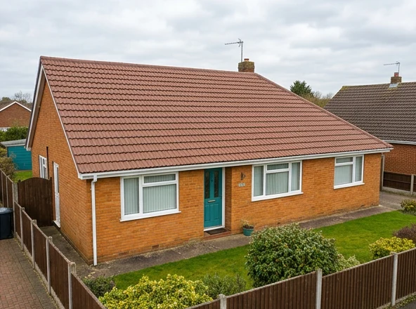 The same illustrative bungalow after moss removal retaining its original reddish brown tile colour