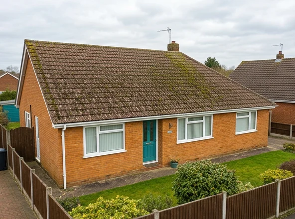 Illustrative orange brick bungalow with a teal door and moss on reddish brown concrete tiles