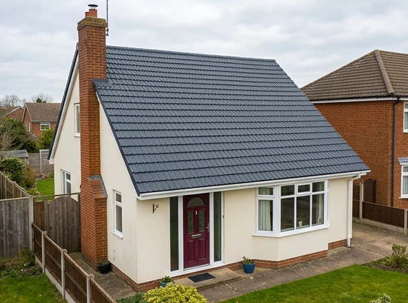 The same illustrative ivory house with a refreshed matt slate grey roof-colour finish