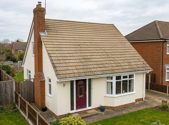 Different illustrative ivory rendered house with a burgundy door and faded pale tan mineral roof tiles