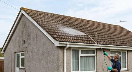 Illustrative application of biocide treatment to brown tiles on a separate grey rendered bungalow