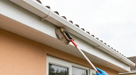 Illustrative brush washing the white fascia of a different peach rendered property