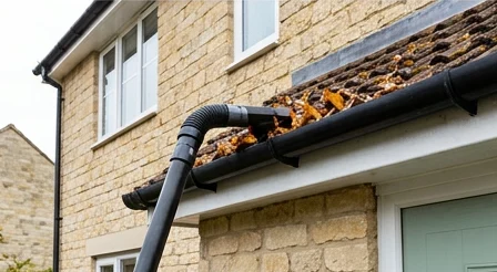 Illustrative vacuum tool clearing leaves from a separate pale stone house gutter