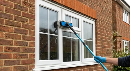 Illustrative water-fed brush cleaning an exterior white casement window on a russet brick house