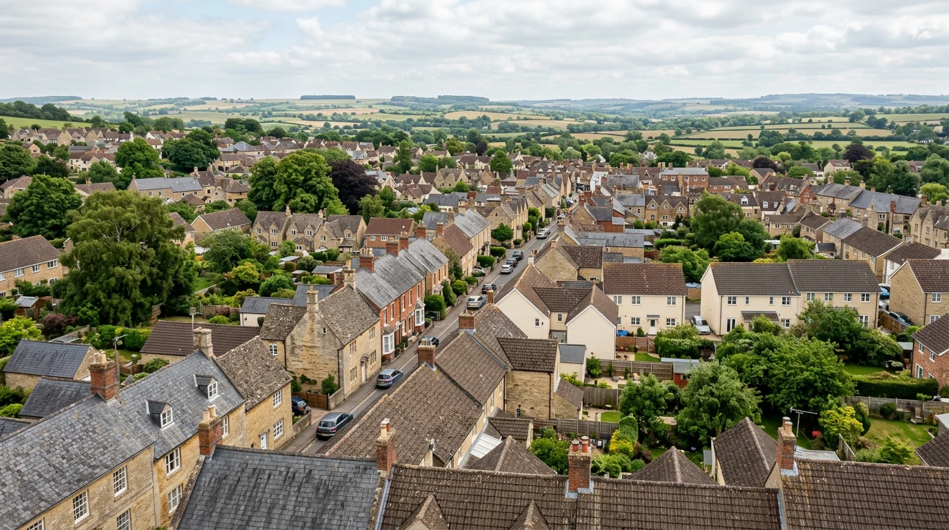 Illustrative inland market-town residential rooflines with varied stone and brick homes and mature gardens