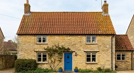 Illustrative honey limestone cottage with moss on orange roof tiles and a blue door