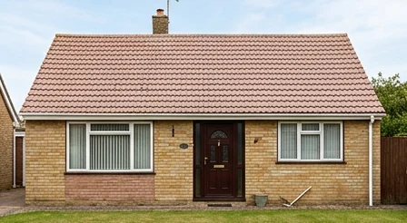Different illustrative buff brick bungalow with faded pinkish mineral tiles and a brown door