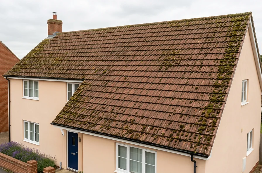 Illustrative peach rendered home with moss on reddish brown concrete tiles