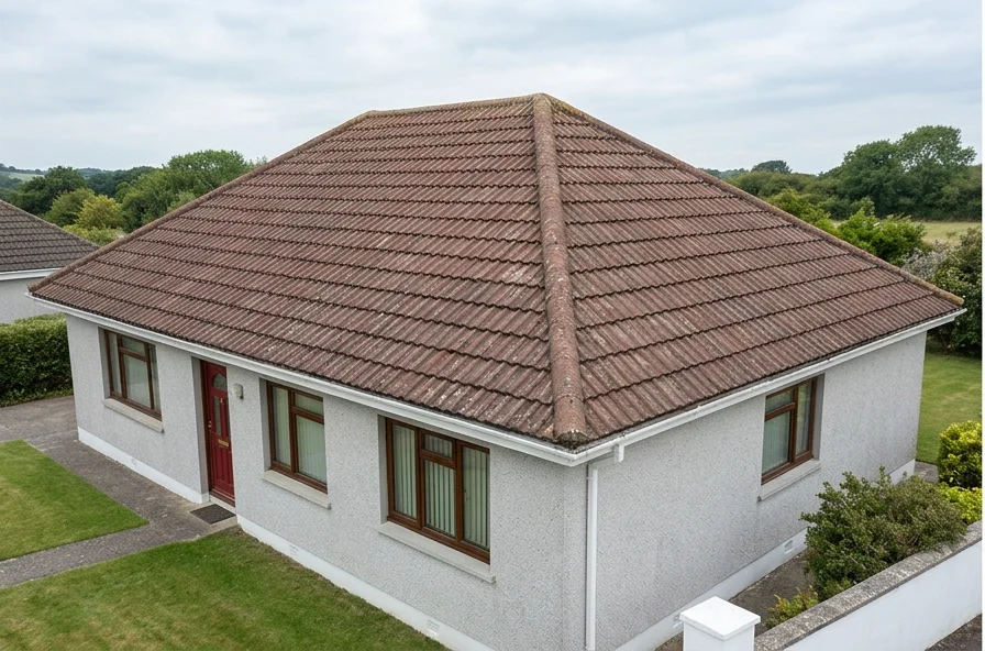Illustrative grey bungalow with faded red brown profiled concrete roof tiles