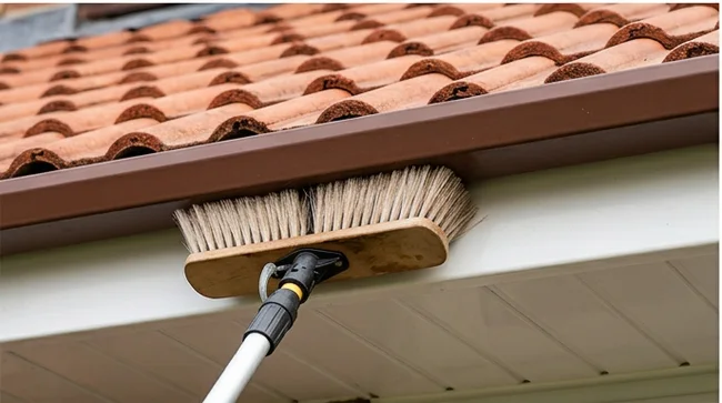 Soft brush washing fascia and soffit beneath clay tiles