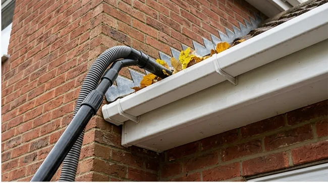 Gutter vacuum clearing leaves from a white rainwater gutter