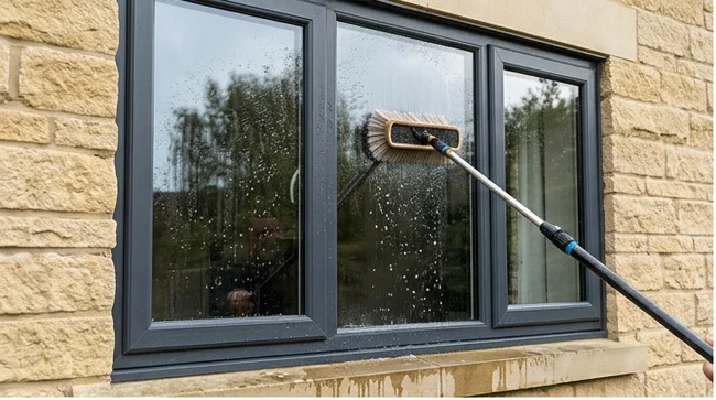 Water-fed soft brush washing a dark framed casement window