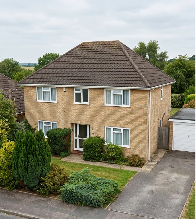 Illustrative buff brick house with a brown concrete mineral tile roof