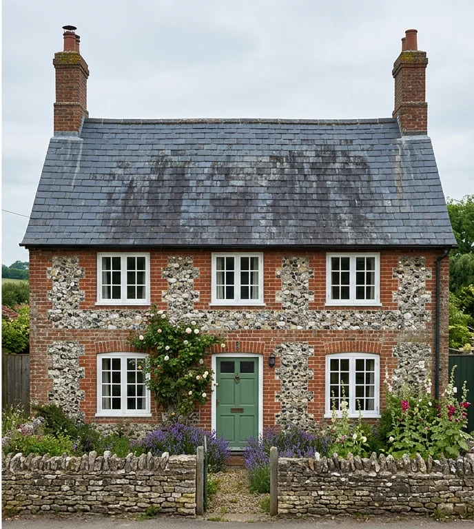 Illustrative flint and brick cottage with a traditional natural slate roof