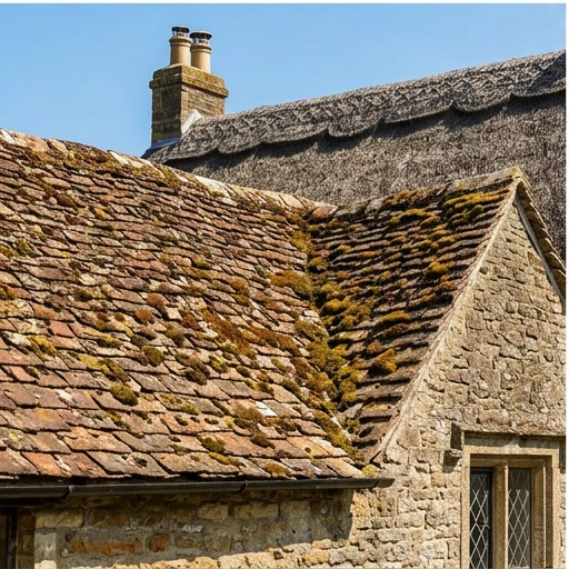 Illustrative moss on russet clay tiles of a stone cottage, showing a potential cleaning concern