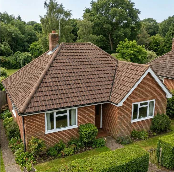 Illustrative red-brick bungalow after cleaning, retaining brown tile colour