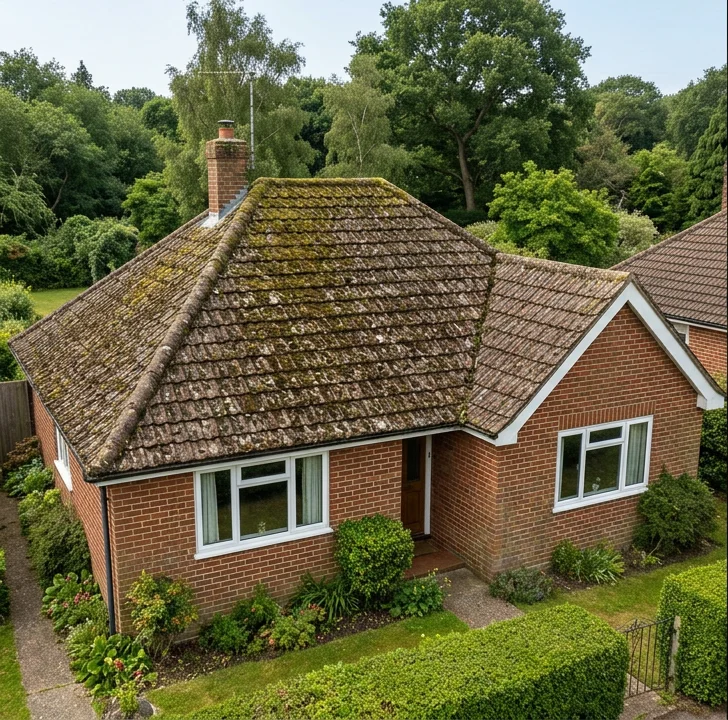 Same illustrative red-brick bungalow with moss-covered brown tiles before cleaning