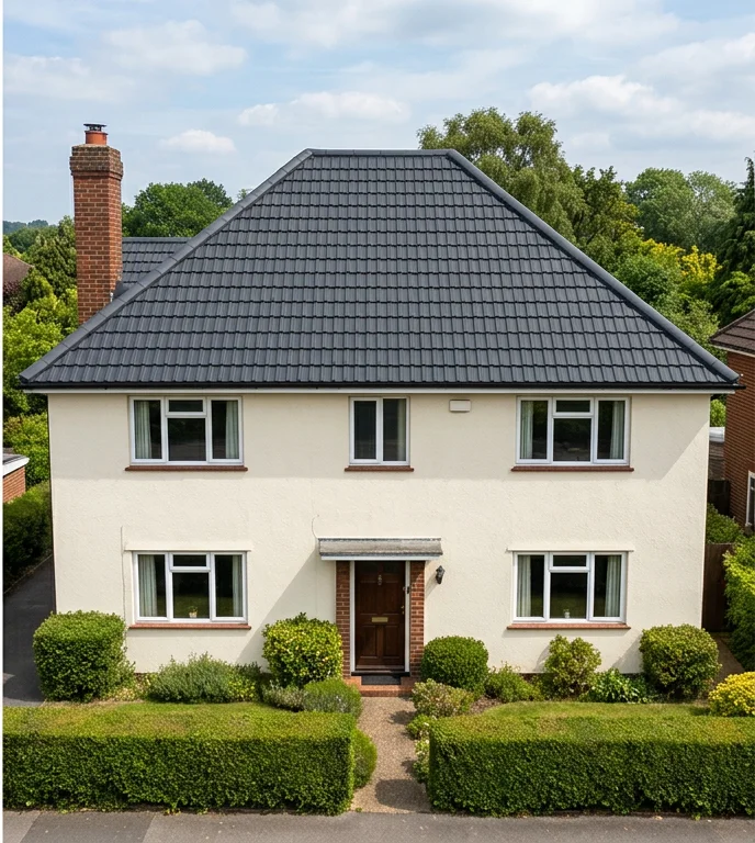 Illustrative cream house after anthracite roof colour coating