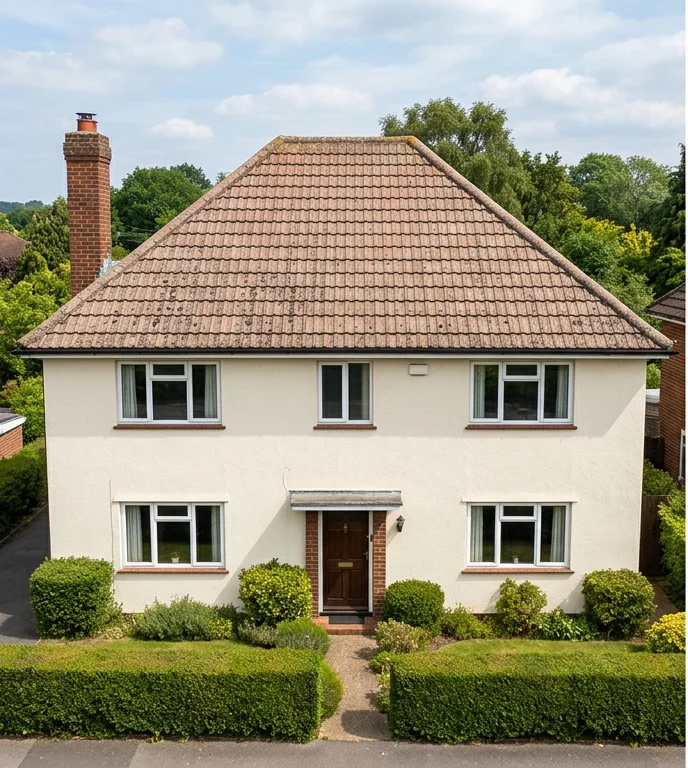 Same illustrative cream house with a faded brown tiled roof before coating