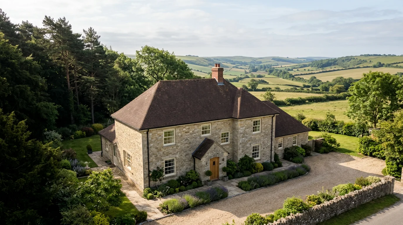Illustrative Dorset-style limestone home with a brown tiled roof and mature garden