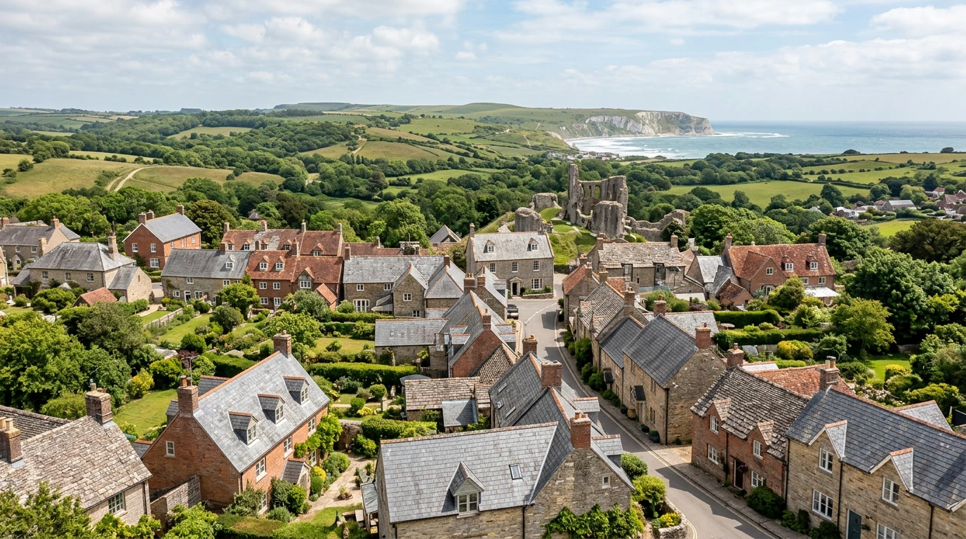Illustrative Dorset-inspired village rooflines, gardens and coastal countryside