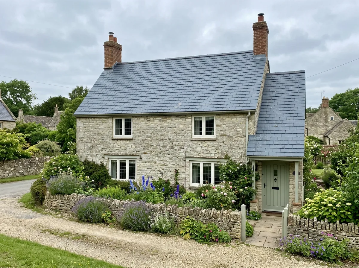 Illustrative limestone Dorset cottage with traditional natural slate roofing and a sage green door