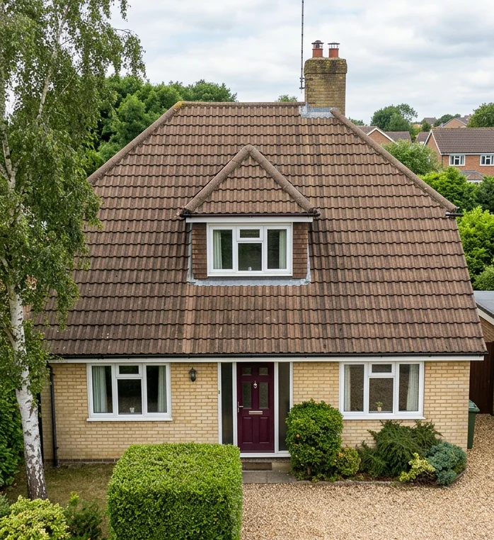 The same illustrative bungalow after moss removal retaining its natural brown tile colour