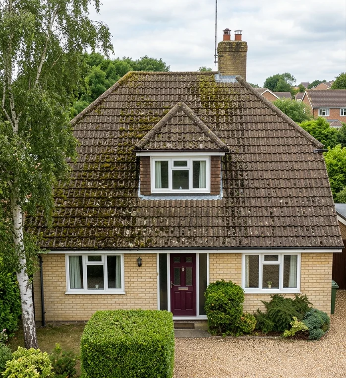 Illustrative yellow brick dormer bungalow with moss across brown roof tiles