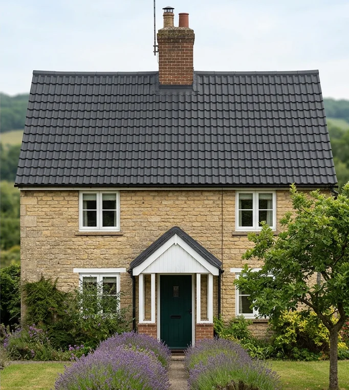 The same illustrative stone house with a refreshed charcoal grey coloured tile finish
