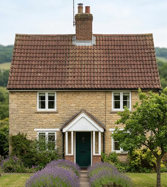 Illustrative stone house with faded reddish brown profiled mineral roof tiles