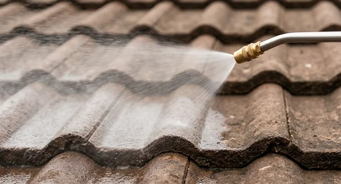 Illustrative low pressure treatment being applied to roof tiles