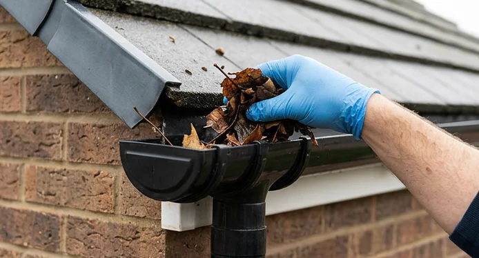 Illustrative professional removal of leaves from an intact gutter