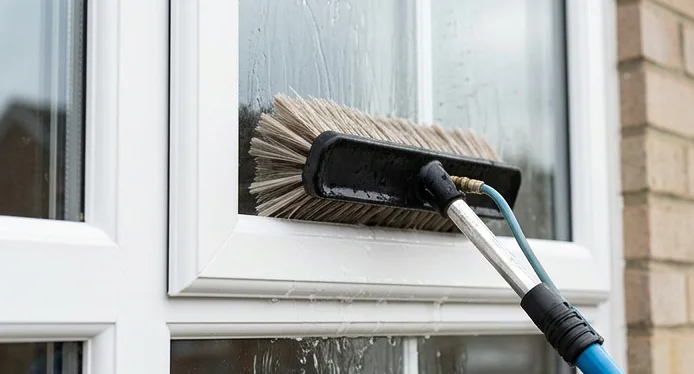 Illustrative water fed brush cleaning a white framed window