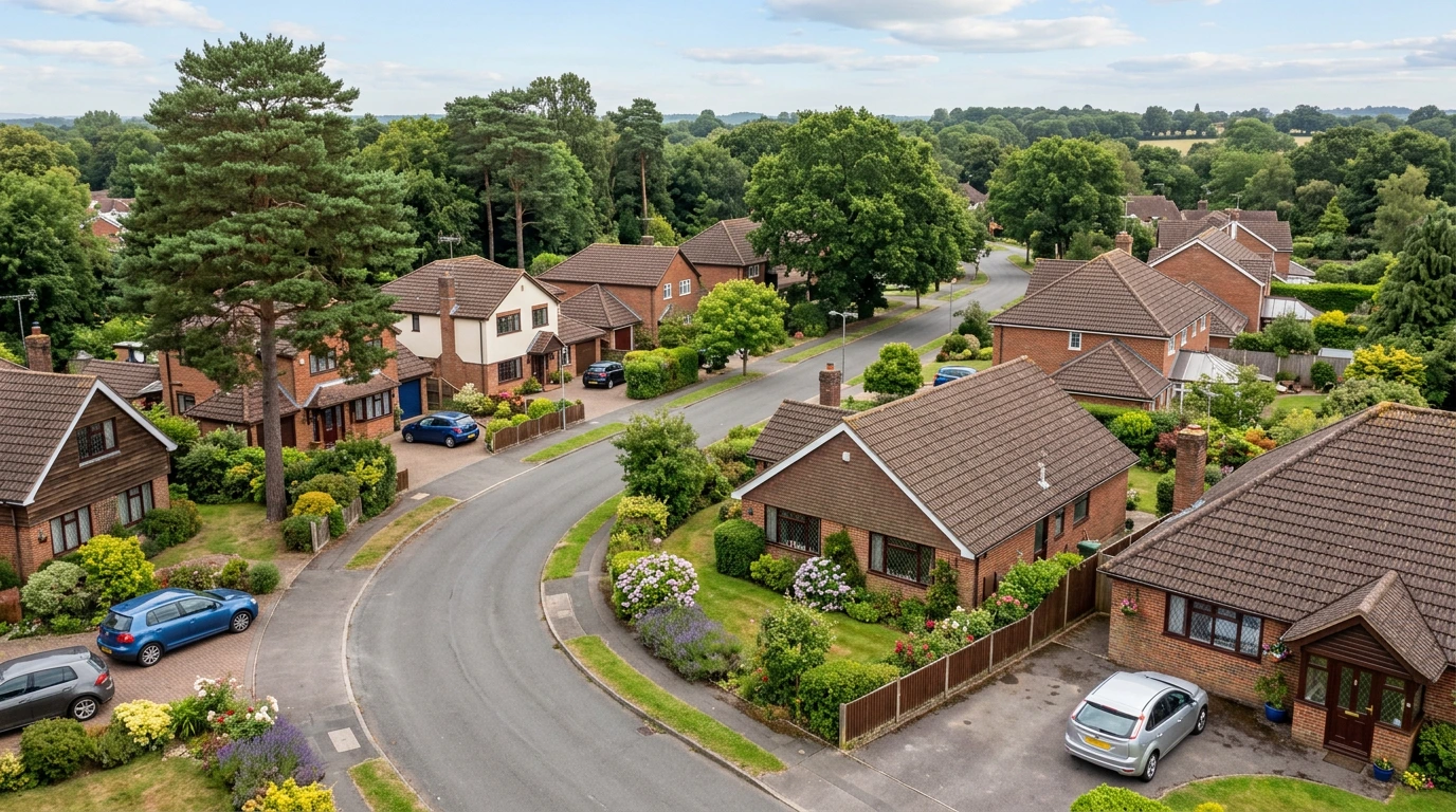 Illustrative Ferndown-inspired neighbourhood of tiled-roof homes among mature trees