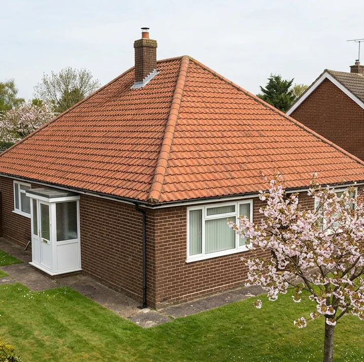 Illustrative brown brick bungalow with a cleaned natural terracotta tiled roof