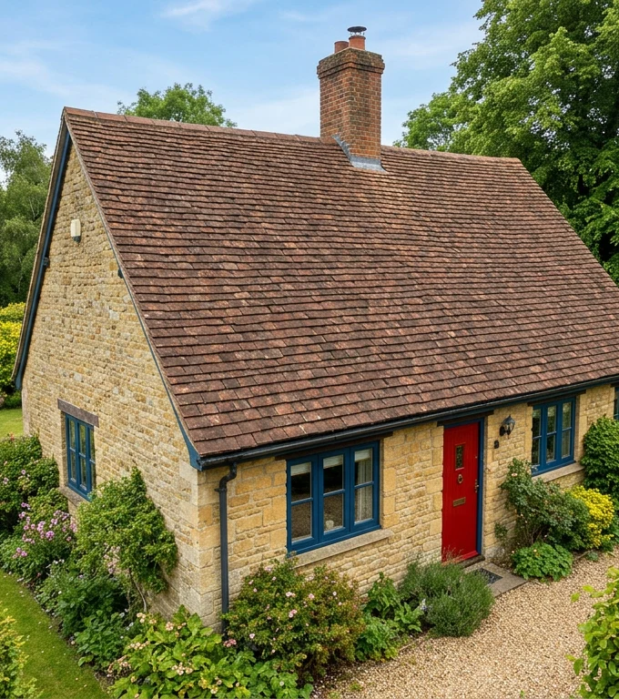 The same illustrative stone home with moss removed and the existing reddish-brown tile colour retained