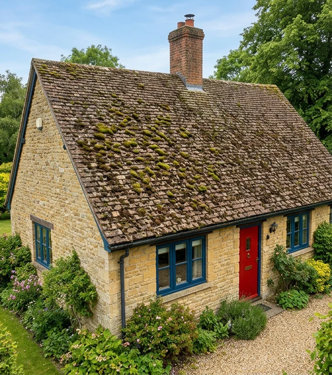 Illustrative stone home with blue window frames and moss on weathered reddish-brown roof tiles