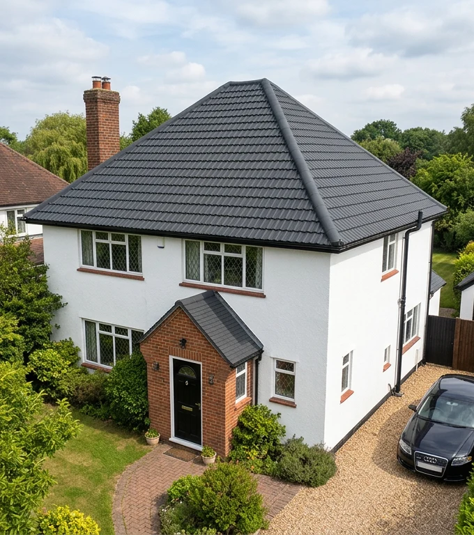 The same illustrative white home with a renewed charcoal coloured finish on its concrete roof tiles
